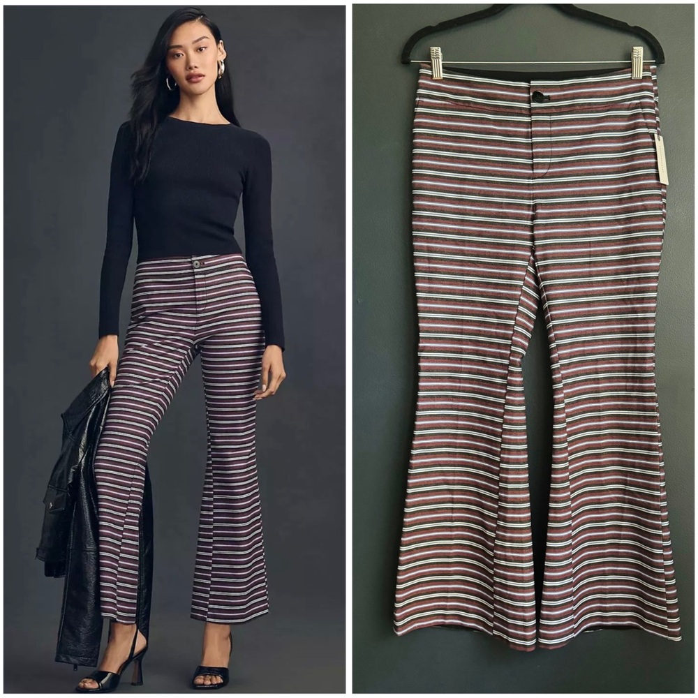 Striped High-Rise Flare Pants in Burgundy
